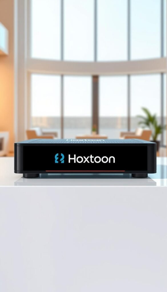 A sleek and modern IPTV set-top box with the Hoxtoon Provider logo prominently displayed on the front panel. The device is placed on a clean, minimalist desk in a well-lit, airy room with large windows and natural light flooding in. The background features a subtle gradient of warm hues, creating a sense of premium quality and sophistication. The overall composition conveys a premium, high-end feel, reflecting the advanced features and reliability of the Hoxtoon IPTV service.
