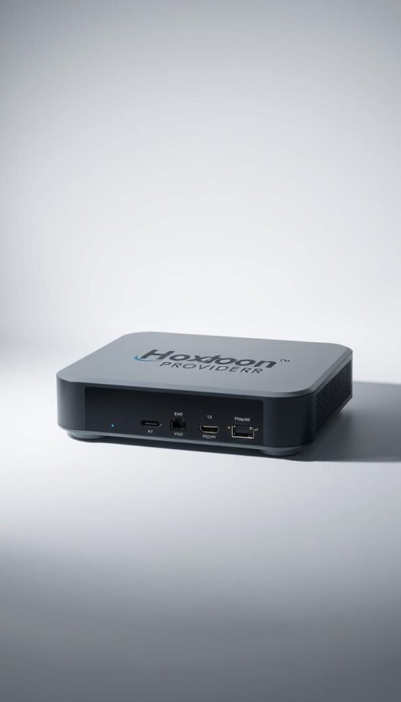 A sleek and modern IPTV set-top box with the Hoxtoon Provider logo prominently displayed on the front panel. The box is surrounded by a clean, minimalistic white background, with subtle shadows adding depth and dimensionality. The lighting is soft and evenly distributed, creating a professional and premium feel. The box is positioned at a slight angle, showcasing its modern design and highlighting the various ports and connections on the rear. The overall composition emphasizes the simplicity and elegance of the Hoxtoon Provider IPTV solution, inviting the viewer to explore its features and subscription costs.