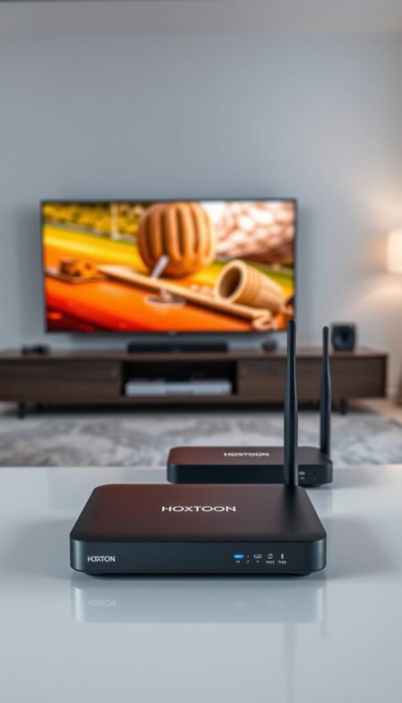 A sleek and modern IPTV setup featuring the Hoxtoon Provider brand. In the foreground, a cutting-edge Mag box with a seamless interface displays a crisp, high-definition live TV stream. The mid-ground showcases a smart TV and a robust networking router, symbolizing the integrated technology powering the IPTV experience. The background depicts a minimalist, contemporary living room setting, with subtle lighting and clean lines to evoke a sense of sophistication. The overall composition highlights the seamless integration of Hoxtoon Provider's IPTV technology into a modern, tech-savvy home environment.