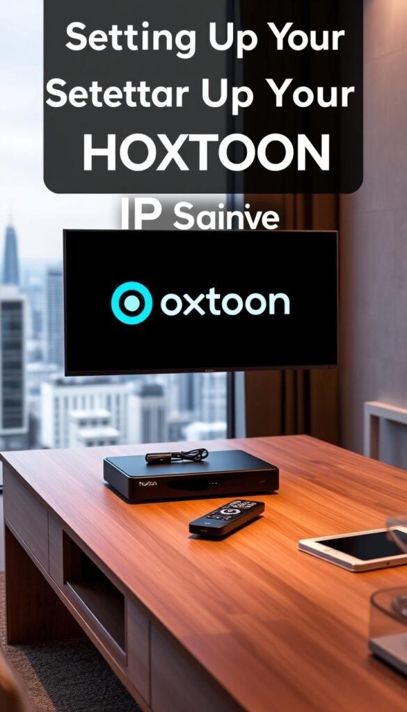 A sleek and modern IPTV setup featuring the Hoxtoon Provider logo prominently displayed on a high-definition television screen. The setup is situated on a minimalist wooden table, with a remote control and other accessories neatly arranged nearby. The lighting is soft and warm, creating a cozy and inviting atmosphere. The background is a blurred cityscape, suggesting the global reach and accessibility of the Hoxtoon IPTV service. The overall composition is clean, well-balanced, and visually appealing, perfectly capturing the essence of the "Setting Up Your HOXTOON IPTV Service" section.
