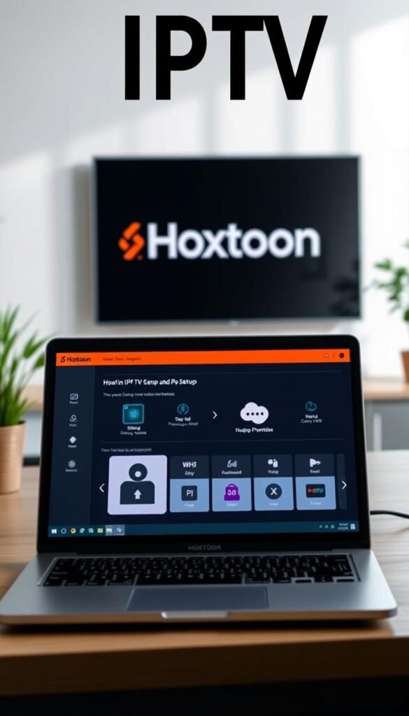 A sleek and modern IPTV setup guide for Hoxtoon Provider, showcasing a well-organized and intuitive interface. The foreground features a laptop or tablet displaying the Hoxtoon setup process, with clear step-by-step instructions and visuals. The middle ground highlights the Hoxtoon logo and branding, conveying a sense of professionalism and reliability. The background showcases a minimalist, light-filled workspace, creating a calm and productive atmosphere. The overall composition is balanced, with a clean and visually appealing aesthetic that reflects the ease and simplicity of the Hoxtoon IPTV installation.