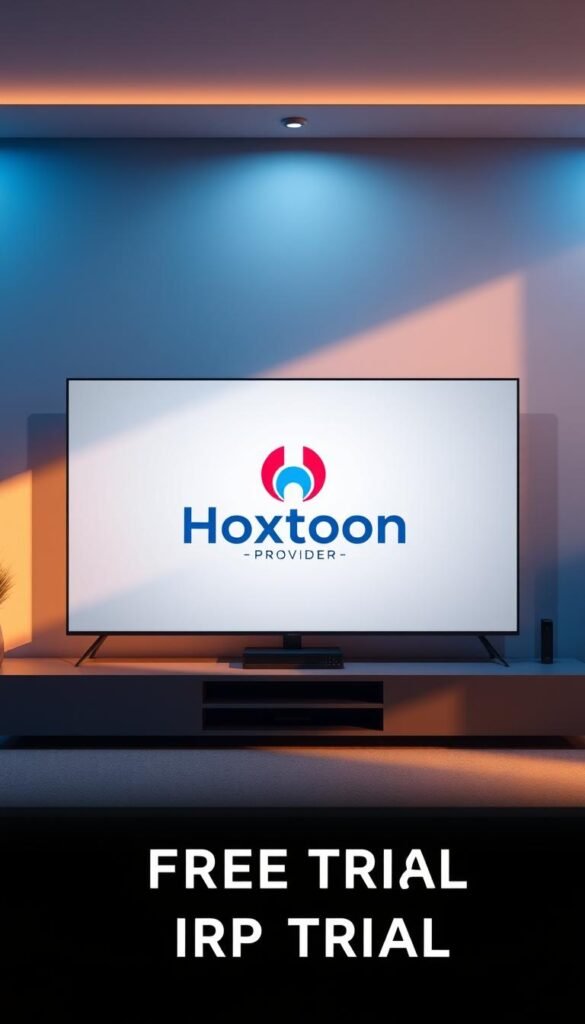 A sleek and modern IPTV setup with the Hoxtoon Provider logo prominently displayed in the center, surrounded by a clean and minimalist design. The background features a soft, muted gradient in shades of blue and gray, creating a sense of sophistication and professionalism. The scene is illuminated by warm, directional lighting, casting subtle shadows and highlights that add depth and dimension to the composition. The overall aesthetic conveys the idea of a reliable, high-quality IPTV service with a free trial offering, perfectly aligning with the article's subject and section title.