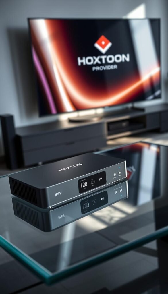 A sleek and modern IPTV streaming device rests on a minimalist glass table, its clean lines and black matte finish complementing the contemporary decor. Soft, directional lighting casts subtle shadows, highlighting the device's intuitive user interface and advanced connectivity options. In the background, a large 4K OLED TV displays the Hoxtoon Provider logo, signifying the seamless integration and optimized viewing experience. The scene exudes a sense of technological sophistication and the promise of effortless, high-quality streaming, perfectly encapsulating the essence of the "Optimizing Your HOXTOON Viewing Experience" section.