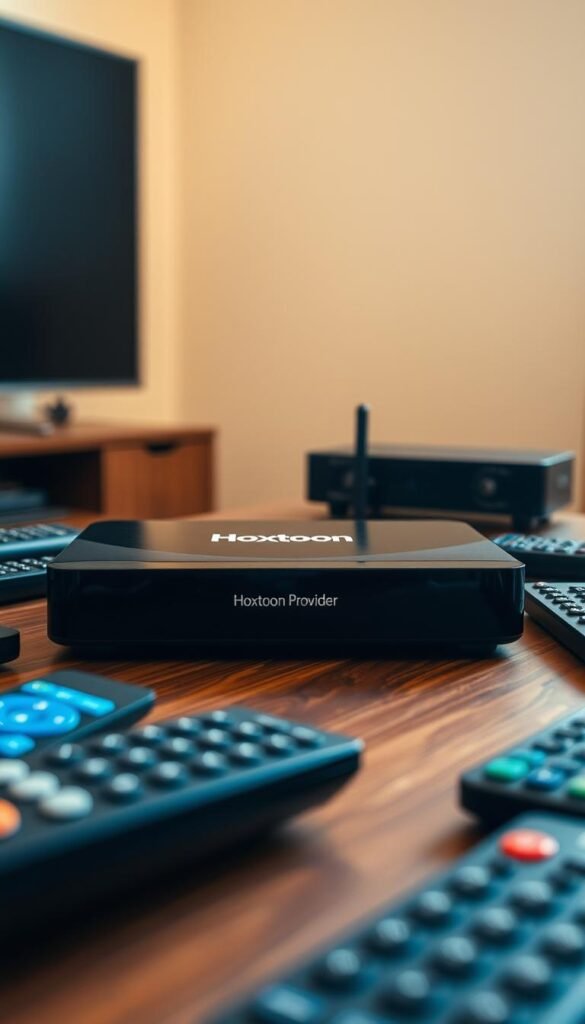 A sleek and modern IPTV streaming device sitting prominently on a wooden table, surrounded by various remote controls and other home entertainment devices. The device features the "Hoxtoon Provider" brand name, showcasing its premium design and functionality. The lighting is soft and warm, creating a cozy and inviting atmosphere, perfect for a home media setup. The camera angle is slightly elevated, capturing the device in a flattering perspective that emphasizes its streamlined form and advanced capabilities. The background is slightly blurred, keeping the focus on the IPTV device as the central subject.