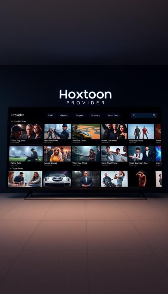 A sleek and modern IPTV streaming interface, featuring the Hoxtoon Provider brand prominently displayed. The interface is presented in a clean, minimalist layout with a dark color scheme, creating a sophisticated and immersive user experience. The main content area showcases a grid of high-quality video thumbnails, each with a clear title and description. The navigation menu is intuitive, with options for browsing by genre, searching, and accessing user settings. Subtle lighting effects and a cinematic camera angle create a sense of depth and professionalism, while the overall design prioritizes usability and visual appeal.