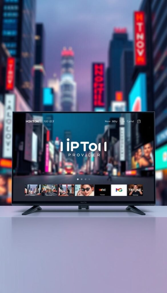 A sleek and modern IPTV streaming service interface, featuring the Hoxtoon Provider brand prominently displayed. The screen showcases a clean and intuitive layout, with a central focus on high-quality video playback. The background is a vibrant and immersive cityscape, capturing the essence of a thriving urban environment. Crisp lighting and a cinematic depth of field create a sense of depth and drama, while subtle animations and transitions add a touch of elegance and sophistication. The overall scene conveys the revolutionary impact of Hoxtoon Provider's IPTV service, transforming the way we experience television entertainment.