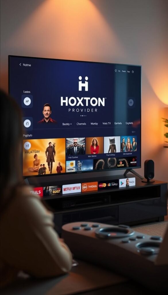 A sleek and modern IPTV streaming service interface, showcasing the Hoxtoon Provider brand prominently. The screen displays a curated selection of live TV channels and on-demand content, with a clean and intuitive user experience. The scene is bathed in warm, soft lighting, creating a cozy and inviting atmosphere. The layout is well-organized, with clear category labels and high-quality thumbnails. The overall aesthetic is minimalist yet stylish, highlighting the advanced capabilities of the Hoxtoon IPTV platform. The image should convey a sense of technological sophistication and user-friendliness, capturing the essence of the leading IPTV provider for Toshiba Smart TVs.