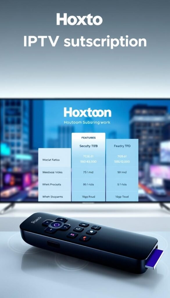 A sleek and modern IPTV subscription interface for Roku, showcasing the Hoxtoon Provider brand's pricing plans. A clean and uncluttered display in a cool blue and white color scheme, with clear pricing tiers and feature highlights. The foreground depicts the Roku device and remote, while the background features a blurred cityscape, conveying a sense of urban connectivity. Soft, diffused lighting creates a professional and trustworthy atmosphere. The composition is balanced, with the Hoxtoon Provider branding prominently displayed.