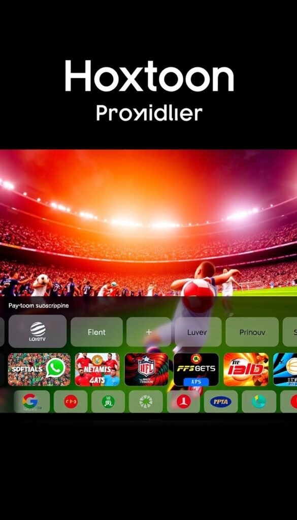A sleek and modern IPTV subscription interface, showcasing the Hoxtoon Provider brand. In the foreground, a series of premium sports channel icons and logos, highlighting the vast selection of live sports content. The middle ground features a clear and intuitive user navigation menu, with options for pay-per-view events and subscription plans. The background depicts a vibrant, high-definition sports broadcast, captured with a cinematic wide-angle lens and warm, natural lighting, conveying the immersive viewing experience. The overall composition and color palette evoke a sense of excitement and professionalism, aligning with the quality and reliability of the Hoxtoon IPTV service.