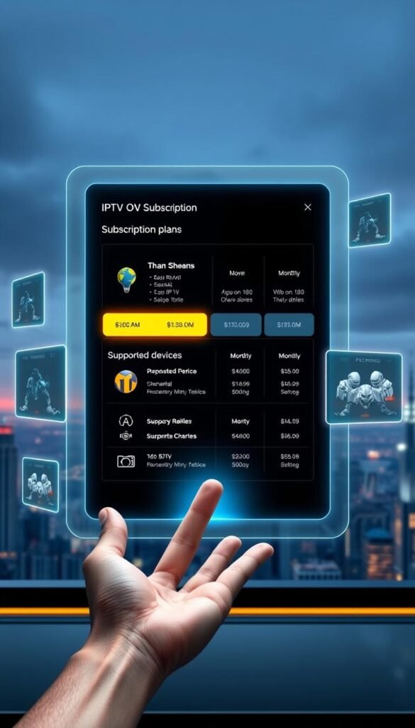 A sleek and modern IPTV subscription plan interface, showcasing the Hoxtoon Provider's diverse offerings. Floating holographic screens display package details, including channel counts, supported devices, and monthly pricing. The interface is bathed in a cool, futuristic glow, with subtle lighting accents that draw the eye to key information. In the foreground, a hand hovers over the screen, highlighting the interactivity and user-friendly design. The background features a cityscape skyline, hinting at the global reach and connectivity of the IPTV service. The overall atmosphere conveys a sense of technological sophistication and tailored entertainment experiences.