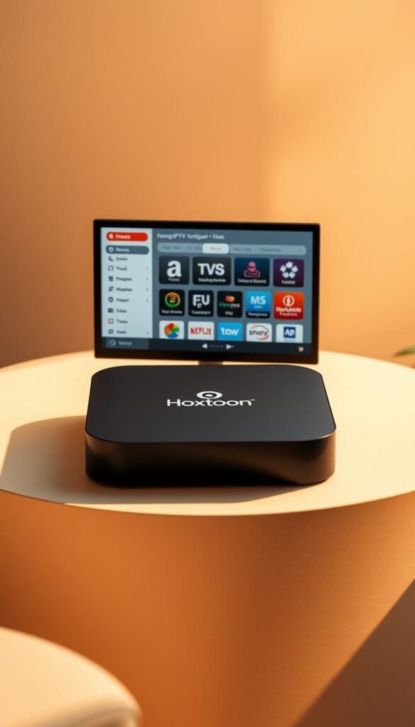 A sleek and modern Mag Box IPTV configuration interface, prominently featuring the Hoxtoon Provider logo. The device sits atop a minimalist, light-colored surface, casting soft shadows. The screen displays a clean, user-friendly dashboard with intuitive controls and menus, showcasing the Hoxtoon Provider's seamless integration. Warm, indirect lighting illuminates the scene, creating a sophisticated and inviting atmosphere. The composition emphasizes the Mag Box's premium design and the Hoxtoon Provider's cutting-edge technology, conveying a sense of quality and reliability.