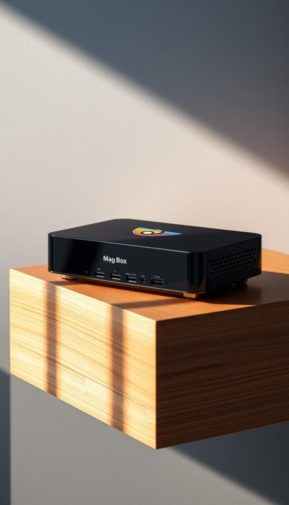 A sleek and modern Mag Box IPTV device, its glossy black exterior accented by a vibrant Hoxtoon Provider logo. The device sits atop a minimalist wooden surface, bathed in warm, directional lighting that casts subtle shadows. In the background, a seamless gradient of soft blues and grays creates a clean, sophisticated atmosphere. The Mag Box's ports and connections are clearly visible, inviting the viewer to appreciate its technical capabilities as the perfect IPTV companion.