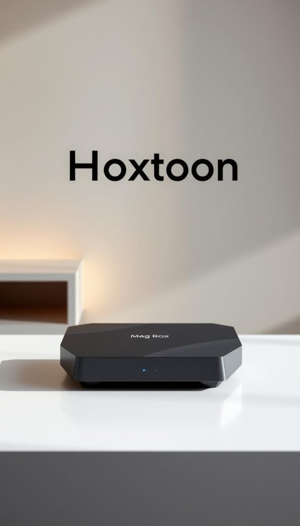 A sleek and modern Mag Box IPTV streaming device, prominently displayed on a clean, minimalist surface. The device is rendered in a muted, neutral color palette, with sharp, angular lines and a premium, high-tech aesthetic. In the background, a subtle gradient or pattern creates a sense of depth and sophistication, while soft, diffused lighting casts a warm, inviting glow on the scene. The Hoxtoon Provider logo is elegantly incorporated, adding a touch of branding without distracting from the main subject. The overall composition and mood convey the device's advanced capabilities and suitability for seamless IPTV streaming.