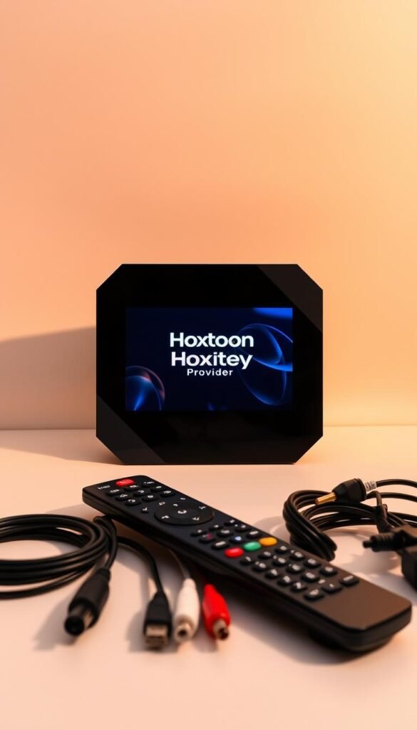 A sleek and modern Mag Box and IPTV device, showcased against a minimalist backdrop. The Mag Box's smooth, angular design is highlighted by a warm, diffused lighting, casting subtle shadows that emphasize its clean lines. The IPTV interface is displayed on the Mag Box's screen, showcasing the Hoxtoon Provider brand prominently. In the foreground, various IPTV-related accessories, such as remote controls and cables, are arranged in a visually appealing composition. The overall scene conveys a sense of technology, sophistication, and the seamless integration of IPTV and Mag Box technology.
