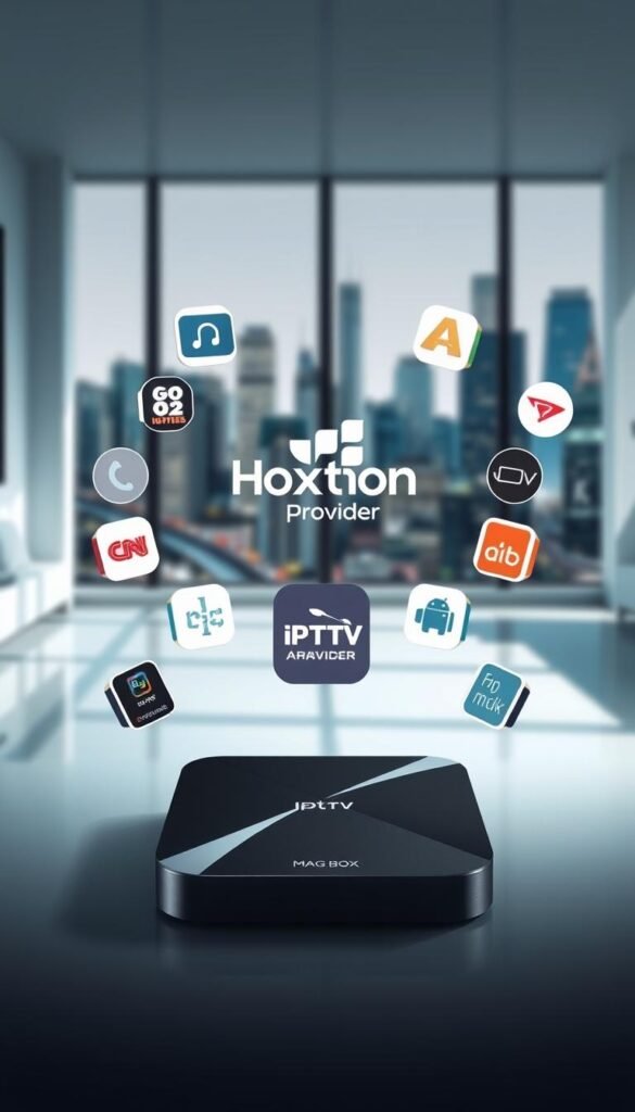 A sleek and modern Mag Box device sits prominently in the foreground, surrounded by various IPTV app icons hovering around it. The Hoxtoon Provider logo is clearly visible, indicating the availability of their services on this platform. The middle ground features a minimalist interior setting, with clean lines and a subtle color palette. In the background, a blurred cityscape can be seen through a large window, creating a sense of urban sophistication. The lighting is soft and directional, highlighting the Mag Box and the IPTV app icons. The overall composition conveys the idea of a powerful and versatile media center capable of accessing a wide range of IPTV content.