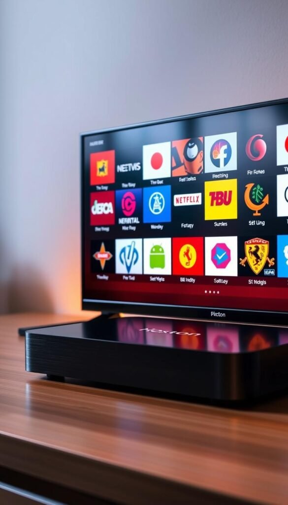 A sleek and modern Mag box display showcasing the extensive IPTV channel selection of the Hoxtoon Provider. The screen shows a grid of vibrant, high-definition channel logos, with a clean and intuitive interface. Warm, directional lighting illuminates the device's brushed metal finish, creating a premium, tech-savvy aesthetic. The scene is captured from a slightly elevated angle, emphasizing the Mag box's capable hardware and the depth of Hoxtoon's streaming options. An atmosphere of reliable performance and visual fidelity pervades the image, reflecting the quality and versatility of the IPTV service. A sleek and modern Mag box display showcasing the extensive IPTV channel selection of the Hoxtoon Provider. The screen shows a grid of vibrant, high-definition channel logos, with a clean and intuitive interface. Warm, directional lighting illuminates the device's brushed metal finish, creating a premium, tech-savvy aesthetic. The scene is captured from a slightly elevated angle, emphasizing the Mag box's capable hardware and the depth of Hoxtoon's streaming options. An atmosphere of reliable performance and visual fidelity pervades the image, reflecting the quality and versatility of the IPTV service.