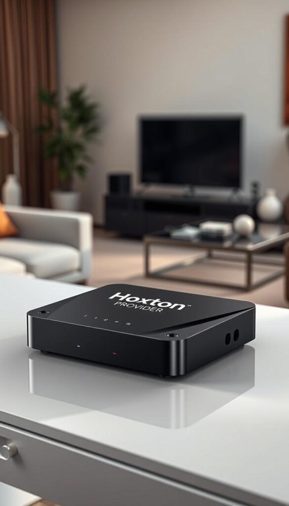 A sleek and modern Mag box prominently displaying the "Hoxtoon Provider" brand, sitting on a minimalist desk against a backdrop of a warm, inviting living room. The Mag box is rendered in high detail, showcasing its premium design and build quality. The lighting is soft and natural, creating a cozy and inviting atmosphere. The image conveys a sense of quality, reliability, and the ease of accessing a vast array of 21,000+ channels through the Hoxtoon IPTV service.