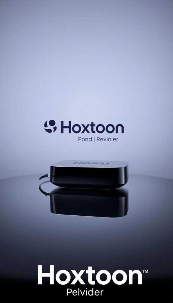 A sleek and modern Roku IPTV player, prominently displayed on a glossy black surface. The device is captured in a clean, well-lit studio setting, with soft, directional lighting that accentuates its smooth, minimalist design. The player is showcased in the foreground, with a subtle reflection visible on the surface beneath it. In the background, a simple, gradient-based backdrop provides a subtle, unobtrusive context. The overall mood is one of technical sophistication and product focus, highlighting the Roku IPTV player as the central subject. The Hoxtoon Provider brand name is subtly integrated into the composition, lending an air of quality and authority.