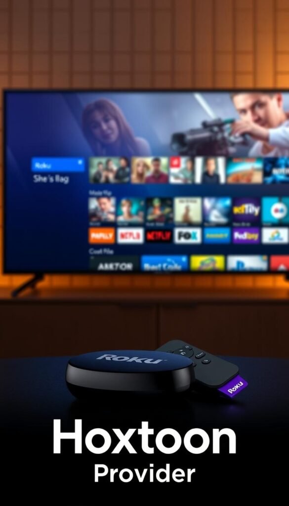 A sleek and modern Roku IPTV service interface, showcasing its seamless streaming capabilities. The foreground features the Roku device and remote control, surrounded by a minimalist UI displaying high-definition video content. In the middle ground, a vibrant array of popular streaming channels and apps, highlighting the comprehensive content library available. The background evokes a sense of technological sophistication, with a subtle grid pattern and muted tones that complement the overall aesthetic. Warm, directional lighting accentuates the details, creating a visually appealing and professional-looking scene. The "Hoxtoon Provider" brand name is prominently displayed, conveying the reliable and high-quality IPTV service.