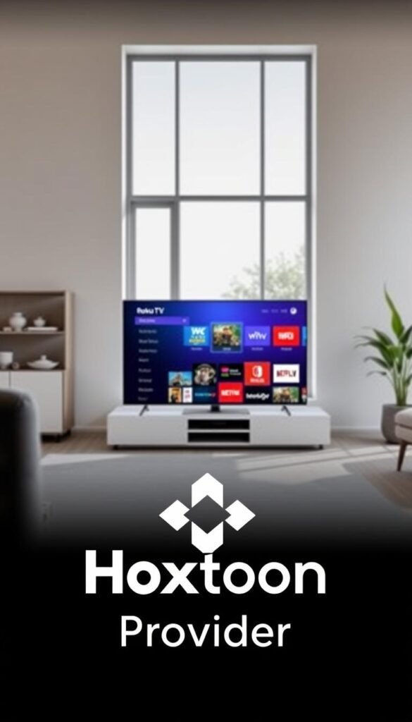 A sleek and modern Roku TV device prominently displayed, showcasing its intuitive IPTV streaming interface. The TV is positioned in a well-lit, minimalist living room setting, with a large window providing natural illumination and a clean, airy atmosphere. In the foreground, the Hoxtoon Provider logo is subtly integrated, highlighting the ideal partnership between Roku TV and the IPTV service. The overall scene conveys the seamless integration of Roku TV with a top-tier IPTV platform, offering a visually compelling and engaging illustration for the article.