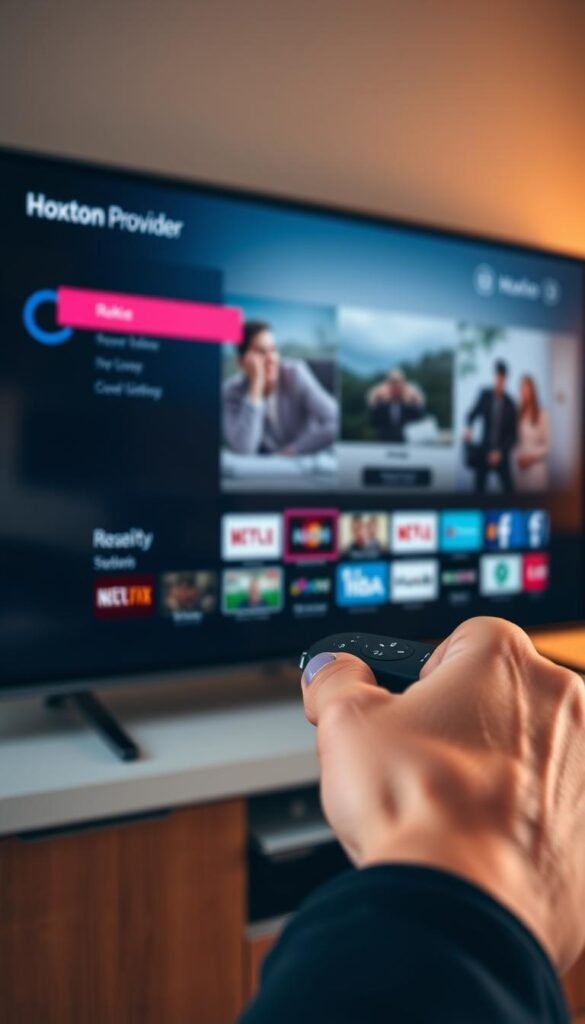 A sleek and modern Roku TV display showcases the user-friendly Hoxtoon Provider IPTV interface. In the foreground, a hand navigates the intuitive menu, seamlessly selecting from a vast library of live channels and on-demand content. The middle ground features a clear, high-definition video stream, conveying the exceptional video quality and reliability of the Hoxtoon service. The background softly blurs, keeping the focus on the Roku device and the Hoxtoon brand. Warm, natural lighting casts a welcoming glow, while the camera angle provides a balanced, centered composition. The overall atmosphere exudes professionalism, efficiency, and customer-centric design, aligning with the "Customer Support and Service Reliability" section of the article.