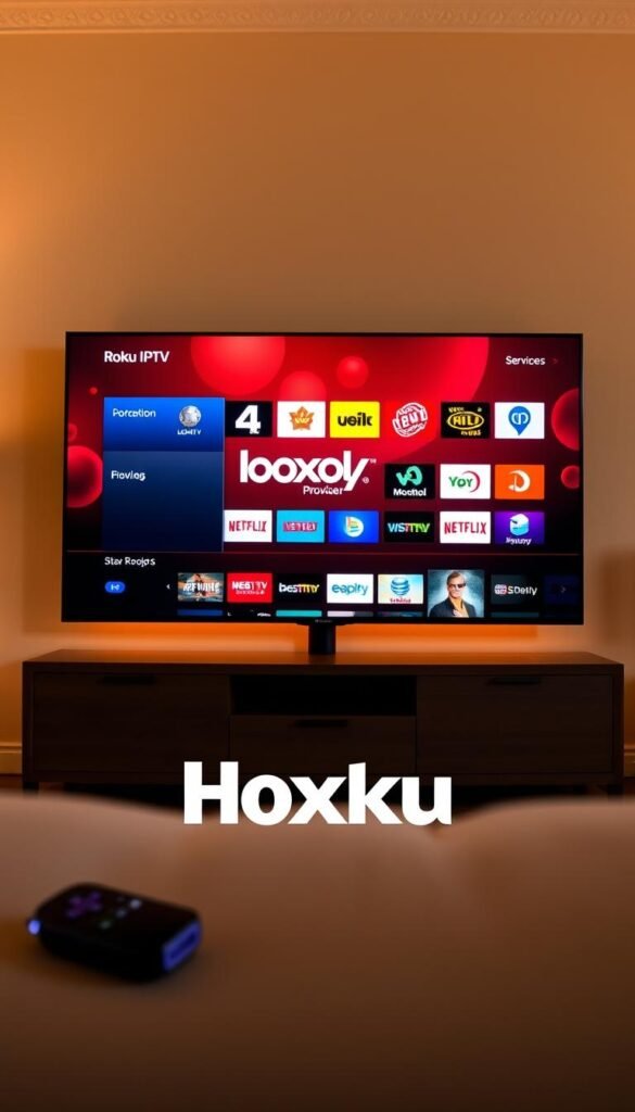 A sleek and modern Roku TV display showcasing a vibrant array of IPTV channel icons. The screen is bathed in a warm, cinematic lighting, creating a cozy, living room atmosphere. In the foreground, the Hoxtoon Provider logo stands out prominently, signaling the high-quality IPTV services available. The middle ground features neatly organized channel logos, each with a distinct visual identity, hinting at the diverse entertainment options. The background subtly blends in with neutral tones, allowing the display to take center stage. The overall composition conveys a sense of sophistication, technology, and the promise of endless streaming possibilities on the Roku TV platform.