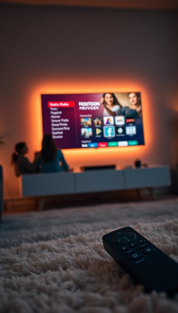 A sleek and modern Roku TV display showcasing the Hoxtoon Provider streaming service interface. The screen is mounted on a minimalist, floating media console, bathed in warm, subtle lighting that creates a cozy, inviting atmosphere. In the foreground, a wireless remote control rests on a soft, plush rug, seamlessly integrating the user experience. The middle ground features blurred silhouettes of family members enjoying content, while the background subtly hints at a cozy living room setting with hints of decor and furnishings. The overall scene conveys the evolution of streaming entertainment, seamlessly blending technology and home comfort.