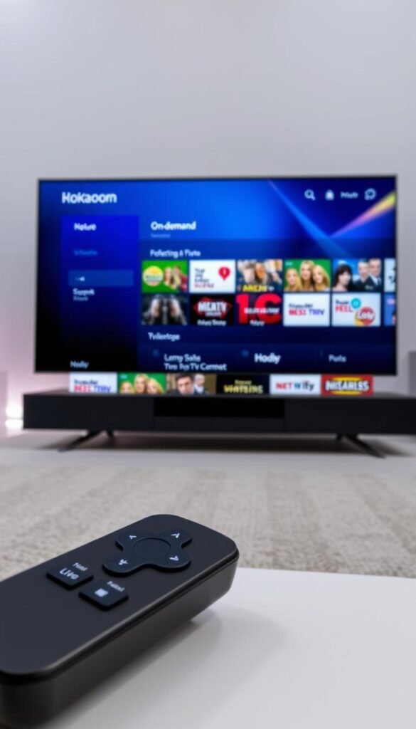 A sleek and modern Roku TV displaying the Hoxtoon Provider IPTV interface. The screen shows a curated selection of live TV channels and on-demand content, with intuitive navigation and customization options. In the foreground, the Roku remote control sits prominently, its simple yet effective design complementing the overall aesthetic. The background features a minimalist, tech-inspired setting, with subtle lighting and clean lines to create a sophisticated and immersive IPTV viewing experience.