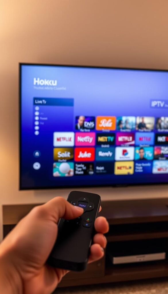 A sleek and modern Roku TV displaying the Hoxtoon Provider IPTV service interface. The screen shows a grid of live TV channels, on-demand content, and customizable subscription plans. In the foreground, a hand holds a Roku remote, highlighting the seamless integration between the IPTV service and the Roku platform. The background features a clean, minimalist design with subtle gradients, conveying a sense of sophistication and high-quality content. Warm lighting and a shallow depth of field create a premium, cinematic atmosphere, emphasizing the premium nature of the Hoxtoon Provider IPTV service.