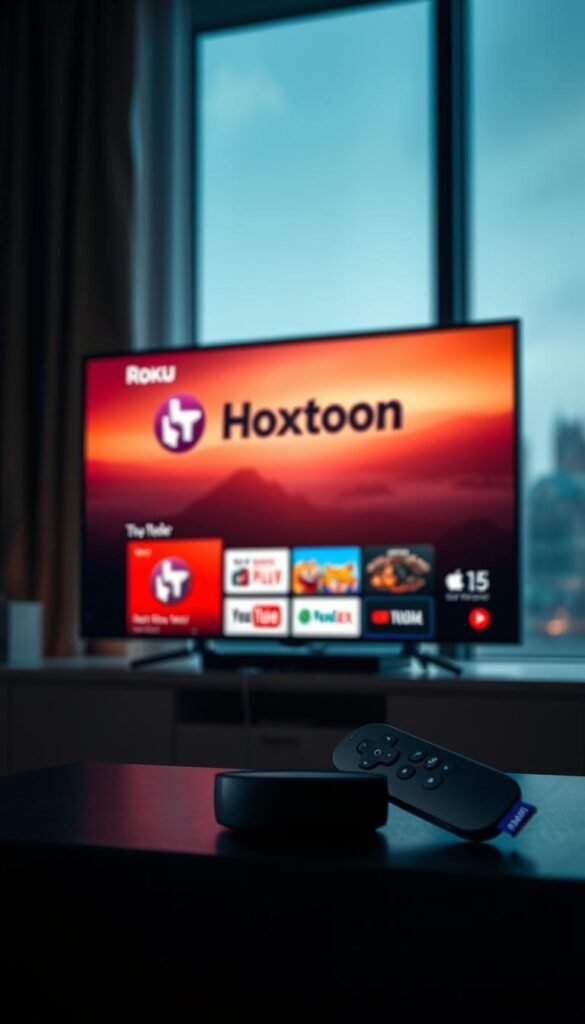 A sleek and modern Roku TV is prominently displayed, its elegant design complemented by a floating IPTV subscription service interface. The screen showcases the Hoxtoon Provider brand, highlighting its user-friendly features and seamless integration with the Roku platform. The scene is bathed in a warm, cinematic lighting, creating a subtle and inviting atmosphere. In the background, a blurred cityscape or minimalist interior setting provides a suitable backdrop, emphasizing the device's role as a hub for entertainment and content consumption.