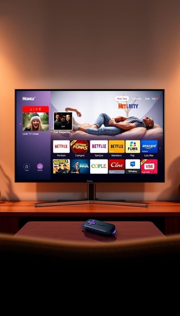 A sleek and modern Roku TV screen showcasing the intuitive IPTV interface of the Hoxtoon Provider. The foreground displays various IPTV service options, such as live TV channels, on-demand content, and subscription plans, all within a clean and visually appealing layout. The middle ground features the Roku device seamlessly integrated into the setup, emphasizing the ease of accessing IPTV services. The background depicts a minimalist, contemporary living room setting, creating a cohesive and immersive atmosphere. Warm lighting and soft shadows enhance the overall mood, highlighting the convenience and accessibility of the Hoxtoon IPTV solution on the Roku TV platform.
