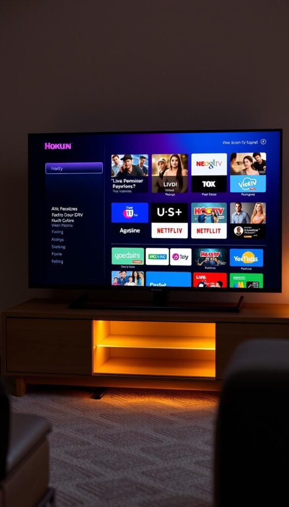 A sleek and modern Roku TV set displaying the Hoxtoon Provider IPTV service interface. The screen shows a crisp and vibrant display of various live TV channels, on-demand content, and advanced features such as cloud DVR and multi-room viewing. The TV is placed on a minimalist, wooden entertainment center, casting a warm, ambient glow in a cozy, living room setting. Soft, diffused lighting illuminates the scene, creating a inviting and comfortable atmosphere. The composition emphasizes the seamless integration of the Hoxtoon IPTV service with the Roku TV, showcasing the advanced capabilities and user-friendly experience.