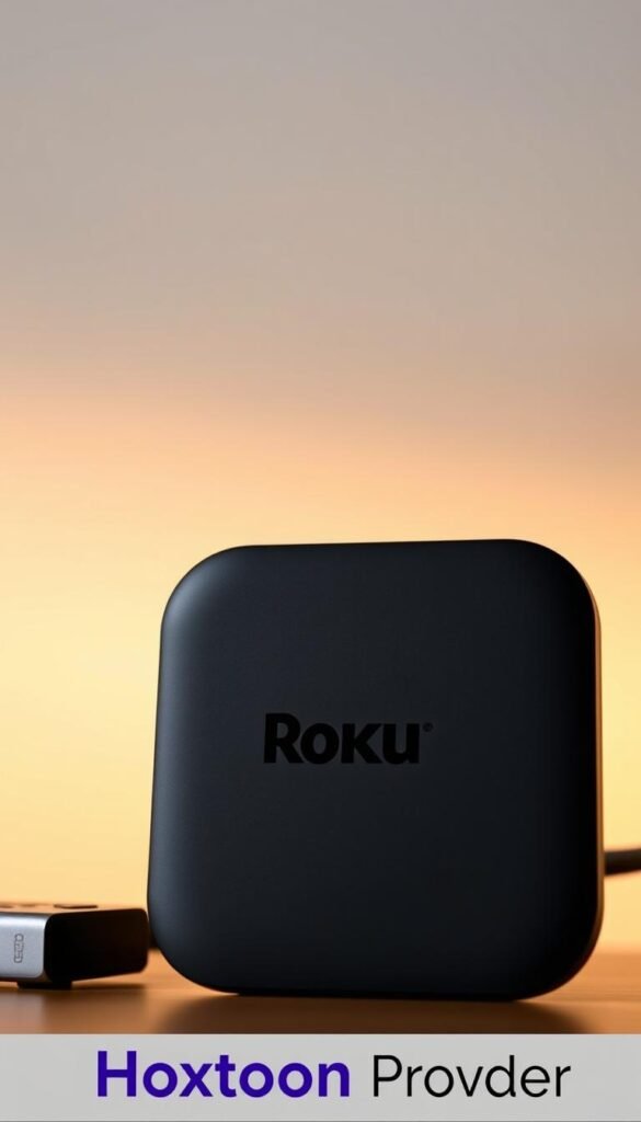 A sleek and modern Roku TV streaming device set against a minimalist background. The device is centered in the frame, its smooth matte black finish and bold Roku logo capturing the eye. Warm yet subtle lighting casts a soft glow, highlighting the device's clean, rectangular design. In the background, a subtle gradient or textured surface provides depth and a sense of sophistication. The overall scene conveys the advanced streaming capabilities of the Roku TV, complemented by the Hoxtoon Provider brand name discreetly featured.