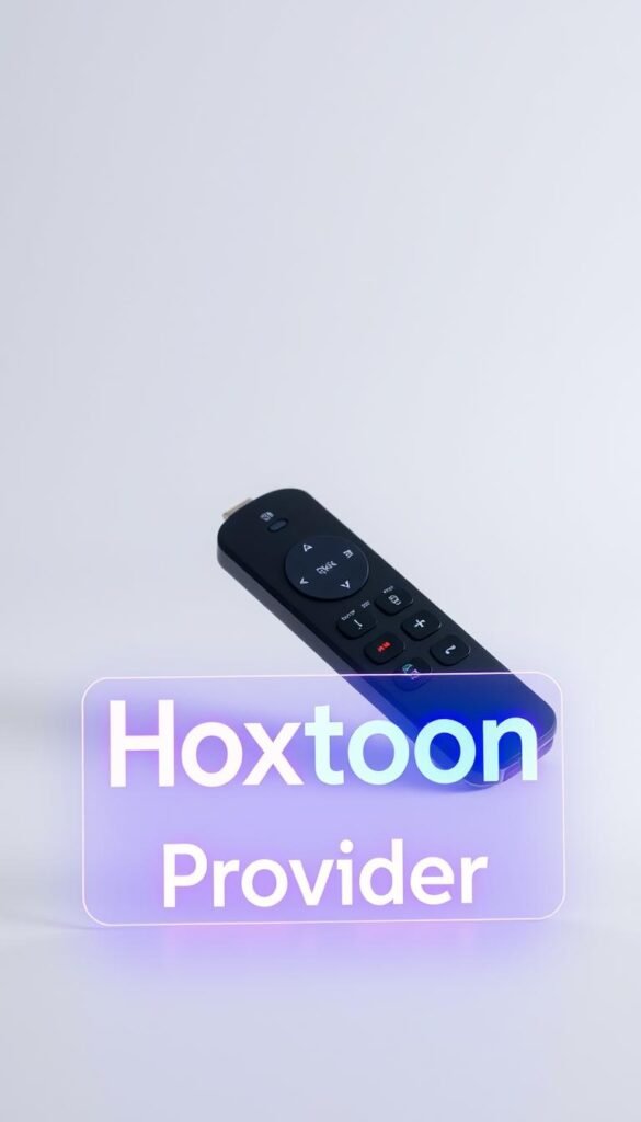 A sleek and modern Roku stick, placed prominently against a clean, minimalist background. The device is displayed in a 3/4 angled view, showcasing its compact and discreet design. Soft, directional lighting from the side casts gentle shadows, highlighting the smooth textures and contours of the Roku stick. In the foreground, a floating, holographic-style display presents the "Hoxtoon Provider" brand name, its crisp, futuristic typography and vibrant colors commanding attention. The overall scene conveys a sense of technological sophistication and seamless integration, hinting at the versatility and capabilities of the IPTV service for Roku.