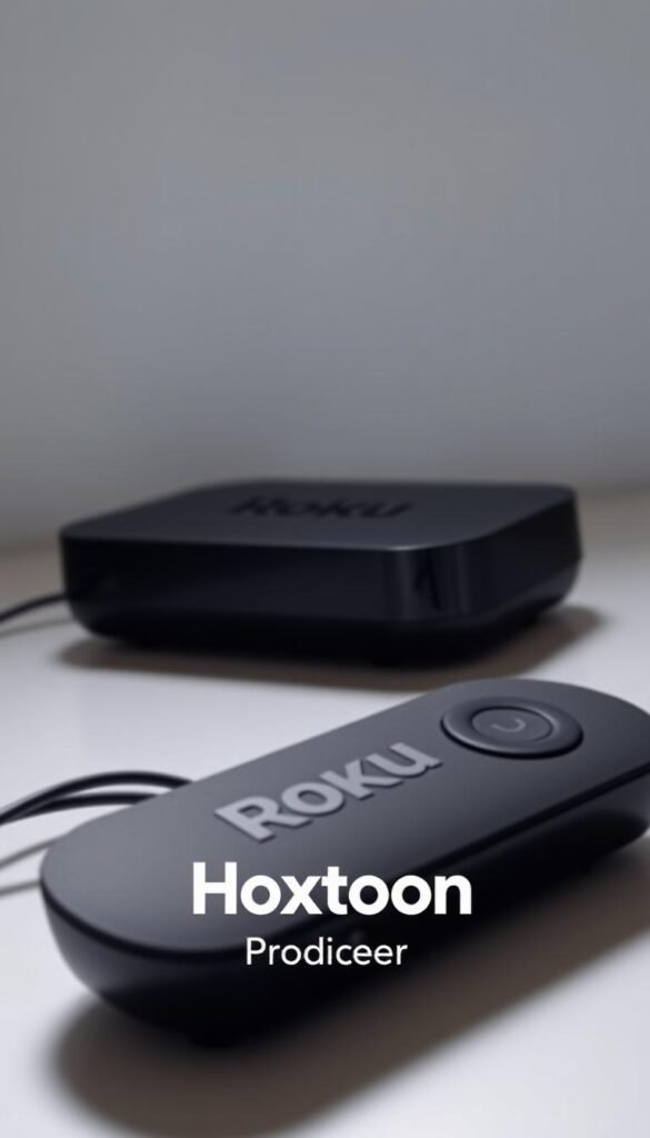 A sleek and modern Roku streaming device prominently displayed, showcased against a clean, minimalist background. The device's smooth, matte black exterior is illuminated by soft, indirect lighting, creating a subtle and elegant atmosphere. In the foreground, the Hoxtoon Provider logo is prominently featured, subtly integrated into the scene to convey the seamless integration of the IPTV service with the Roku platform. The overall composition emphasizes the device's versatility, hinting at its ability to stream content from a variety of sources, including the Hoxtoon IPTV service, on multiple devices simultaneously.