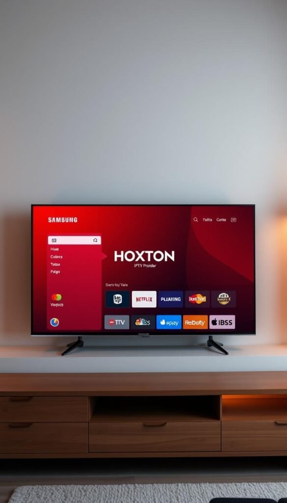 A sleek and modern Samsung Smart TV displaying the HOXTOON IPTV player interface. The TV screen showcases a clean, intuitive user experience with the Hoxtoon Provider brand prominently featured. The scene is illuminated by warm, indirect lighting, creating a cozy and inviting atmosphere. The TV is positioned on a minimalist, wooden entertainment unit, accentuating the premium design. The background features a minimalist, neutral-toned room, allowing the TV and IPTV player to be the focal point. The overall composition emphasizes the seamless integration of HOXTOON with the Samsung Smart TV platform, highlighting its multi-device compatibility.