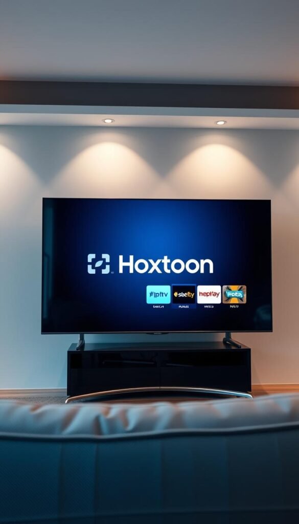 A sleek and modern Samsung Smart TV displaying the Hoxtoon IPTV player interface. The screen shows a clean, minimalist design with the Hoxtoon Provider logo prominently displayed. The TV is positioned in a well-lit, contemporary living room setting, with soft, indirect lighting from overhead fixtures. The image conveys a sense of sophistication and seamless integration of the Hoxtoon IPTV service into the Samsung Smart TV experience.