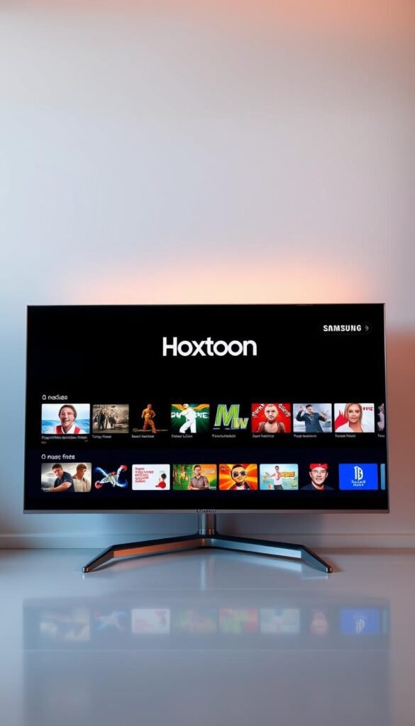 A sleek and modern Samsung Smart TV, its screen displaying the Hoxtoon Provider logo. The TV is set against a minimalist backdrop, with a clean, white wall and a subtle gradient in the background, creating a sense of depth and focus. The scene is bathed in warm, soft lighting, casting a pleasant glow on the device. The TV's interface showcases a wide range of IPTV channels and content, highlighting the breadth and quality of the Hoxtoon Provider's offerings. The overall composition conveys a sense of sophistication, technology, and the seamless integration of Hoxtoon's IPTV services with the Samsung Smart TV platform.