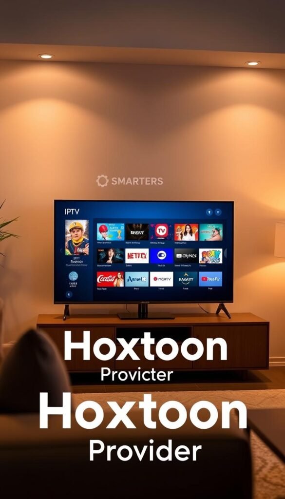A sleek and modern Samsung smart TV displaying the IPTV Smarters application, its intuitive interface showcasing a wide range of IPTV channels and services. The TV is positioned in a stylish living room setting, with warm lighting and clean, minimalist decor creating a cozy and inviting atmosphere. The Hoxtoon Provider logo is prominently displayed, highlighting the integration of this IPTV service with the IPTV Smarters app. The overall scene conveys a seamless and enjoyable IPTV experience on the Samsung smart TV.