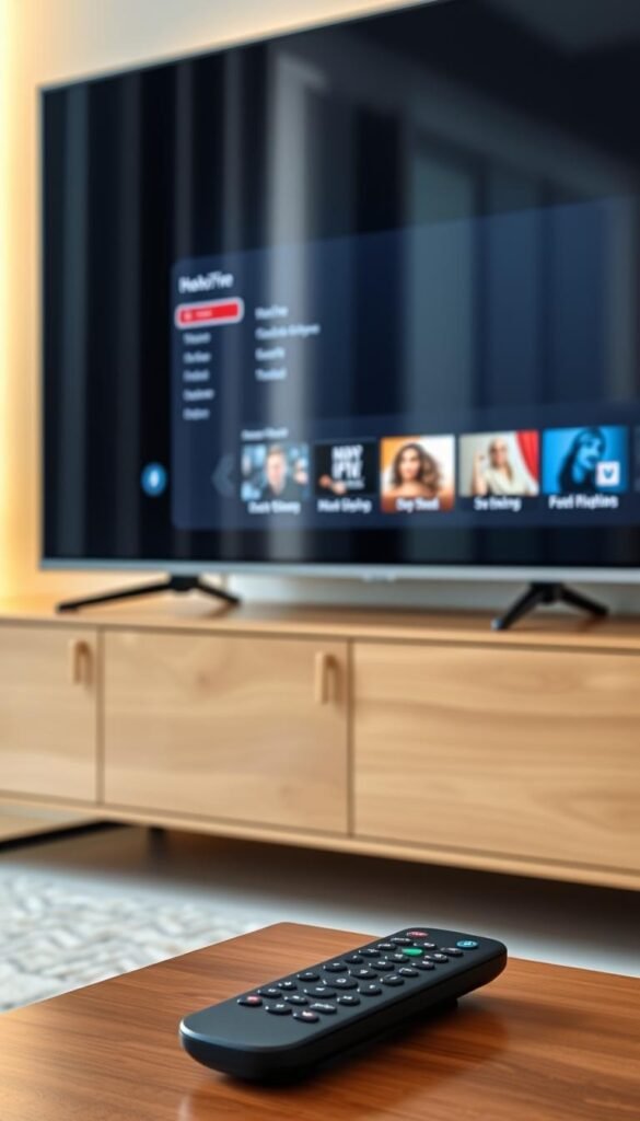 A sleek and modern Smart TV setup, featuring a Hoxtoon Provider IPTV service interface on the screen. The TV is placed on a minimalist wooden entertainment center, with subtle ambient lighting illuminating the scene. The display shows a clean, intuitive IPTV menu, highlighting various streaming content options. In the foreground, a wireless remote control sits nearby, ready for easy navigation. The overall atmosphere conveys a sense of high-tech simplicity and user-friendly connectivity for the smart home entertainment experience.