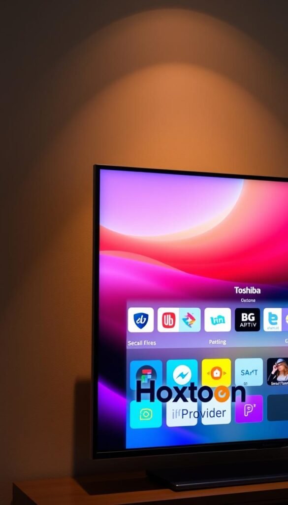 A sleek and modern Toshiba smart TV displaying a variety of vibrant app icons across its screen. The TV is positioned against a backdrop of soft, muted tones, creating a clean and minimalist aesthetic. The apps showcase a range of entertainment and lifestyle options, including streaming services, social media, and smart home controls. Subtle lighting from above casts a warm glow, enhancing the premium feel of the scene. The Hoxtoon Provider logo is prominently featured, indicating the availability of a reliable IPTV service for Toshiba smart TV owners.