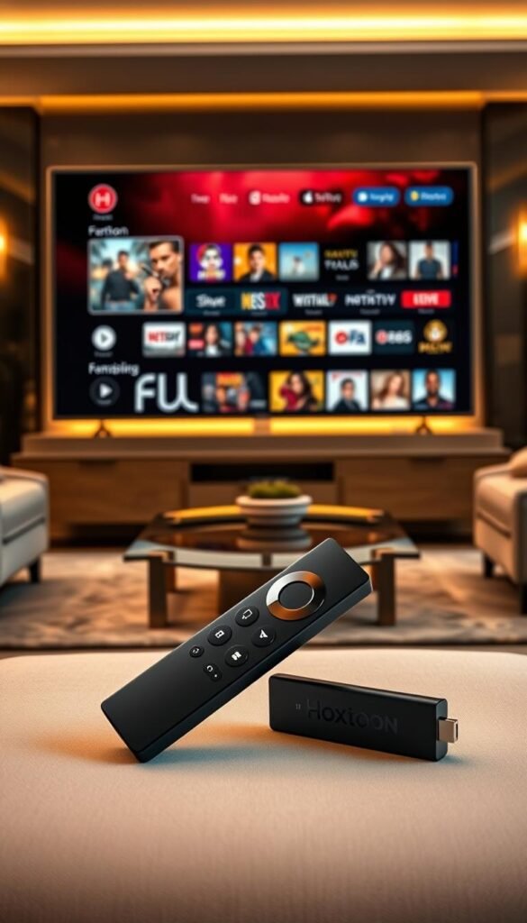 A sleek and modern UI for the Hoxtoon IPTV Provider, showcasing its intuitive interface and vast content library. The scene depicts a high-end living room setting, with a large flatscreen TV displaying the Hoxtoon app's homepage. In the foreground, a minimalist remote control and a premium streaming device, potentially a Fire TV Stick, are prominently featured. The background features stylish furniture, warm lighting, and a sense of high-end sophistication, conveying the premium nature of the Hoxtoon service. The overall composition and attention to detail create a visually appealing and aspirational representation of the Hoxtoon IPTV Provider.