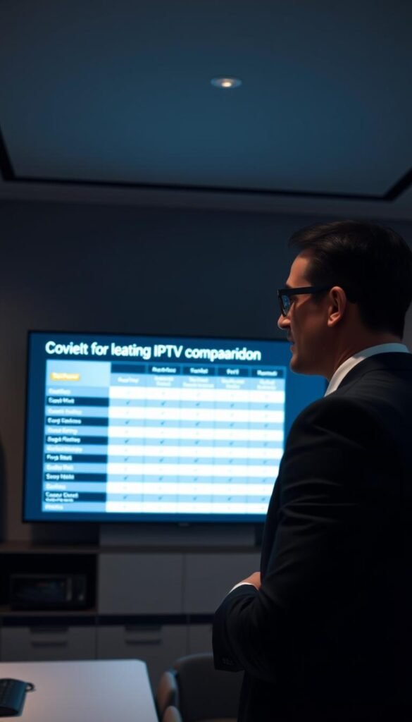 A sleek and modern comparison chart showcases the leading IPTV providers, with Hoxtoon Provider prominently featured. The scene is set in a dimly lit, minimalist office space with clean lines and neutral tones. The chart is displayed on a large, high-resolution screen, illuminated by strategic lighting that creates depth and dimension. In the foreground, a well-dressed business professional examines the data, their expression thoughtful and analytical. The background is blurred, allowing the chart to be the central focus, emphasizing the importance of the information presented. The overall tone is one of professionalism, expertise, and technological sophistication, reflecting the subject matter of the article.