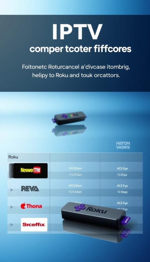 A sleek and modern comparison of IPTV channel offerings for Roku, showcasing the Hoxtoon Provider's comprehensive service against other leading providers. In the foreground, a clean, minimalist grid layout presents channel logos and subscription details. The middle ground features a Roku device prominently displayed, reflecting the focal point of the comparison. The background subtly blends cool-toned gradient hues, creating a sense of technological sophistication. Lighting is balanced, with a soft, indirect glow that enhances the elegant, professional tone. The overall composition and styling convey the superior quality and value proposition of the Hoxtoon Provider IPTV service for Roku users.