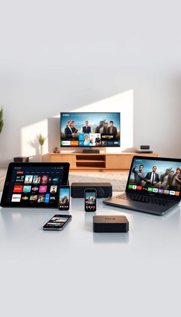 A sleek and modern digital device arrangement showcasing the multi-device compatibility of the Hoxtoon Provider. In the foreground, a tablet, smartphone, and laptop seamlessly connected, their screens displaying various streaming services. The middle ground features a smart TV, gaming console, and streaming box, all integrated and ready to access Hoxtoon's vast content library. In the background, a minimalist interior design with clean lines and neutral tones, emphasizing the effortless integration of technology into the home environment. Bright, natural lighting casts a warm glow, creating a sense of harmony and ease of use. The overall scene conveys the versatility and convenience of the Hoxtoon Provider's multi-device platform.