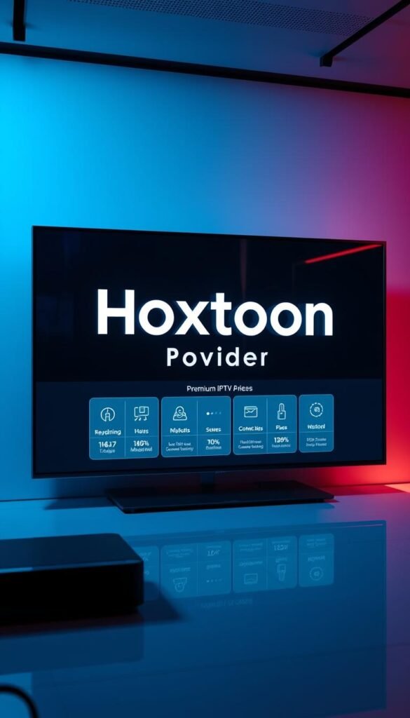 A sleek and modern digital display showcasing the "Hoxtoon Provider" brand name in bold, dynamic typography. The interface features a clean, minimalist aesthetic with carefully curated icons and infographic elements highlighting Hoxtoon's premium IPTV services and capabilities. The scene is bathed in a cool, futuristic lighting scheme, casting subtle shadows and reflections that add depth and sophistication. The overall composition conveys a sense of technological prowess, reliability, and the cutting-edge nature of Hoxtoon's industry-leading IPTV offerings.
