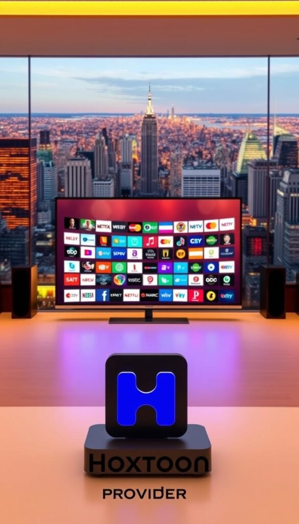 A sleek and modern digital illustration showcasing the "Hoxtoon Provider" IPTV service. The foreground features the Hoxtoon logo prominently displayed, with a clean and minimalist design. The middle ground depicts a stylized TV screen displaying a diverse array of channel icons, representing the extensive 21,000+ channel offering. The background comprises a vibrant cityscape, conveying the global reach and scale of the Hoxtoon IPTV service. The overall composition is illuminated by warm, natural lighting, creating a sense of professionalism and high-quality. The image embodies the cutting-edge technology and comprehensive content library that defines Hoxtoon as America's premier IPTV service provider.