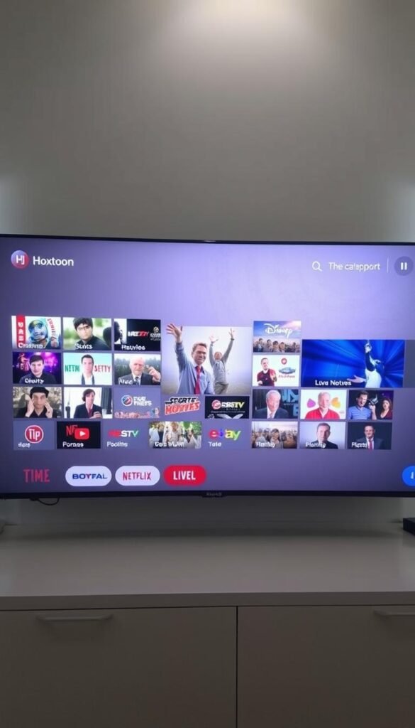 A sleek and modern digital interface showcasing a diverse array of channel categories available on the Hoxtoon Provider IPTV service. The foreground features dynamic tiles displaying icons for various content genres like news, sports, movies, and more, arrayed in a clean grid layout. The middle ground includes larger thumbnails highlighting premium channel offerings, while the background depicts a subtle gradient or textured pattern in muted, complimentary colors. Lighting is balanced, with a soft, diffused glow emanating from the display. The overall aesthetic conveys a sense of professionalism, high-quality content, and a user-friendly experience.