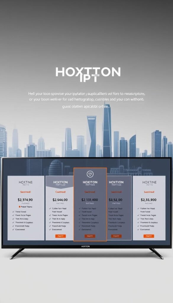 A sleek and modern digital interface showcasing the Hoxtoon Provider IPTV subscription plans. In the foreground, a series of plan tiles with detailed pricing, features, and package options, presented against a subtle gradient background. The middle ground features elegant typography and icons, guiding the viewer through the various plans. In the background, a clean and minimalist cityscape with modern high-rise buildings, conveying a sense of technological sophistication. The overall mood is professional, informative, and visually appealing, designed to attract potential Hoxtoon IPTV subscribers.