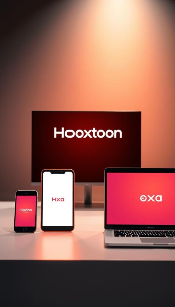 A sleek and modern display showcasing the multi-device compatibility of the Hoxtoon Provider. In the foreground, a variety of devices - a smart TV, a tablet, a smartphone, and a laptop - are arranged in a visually striking composition, each displaying the Hoxtoon Provider logo. The devices are illuminated by warm, directional lighting, creating depth and highlighting their premium design. The middle ground features a blurred, minimalist background in shades of gray, allowing the devices to take center stage. The overall mood is one of sophistication and technological prowess, conveying the seamless, cross-platform experience offered by the Hoxtoon Provider.